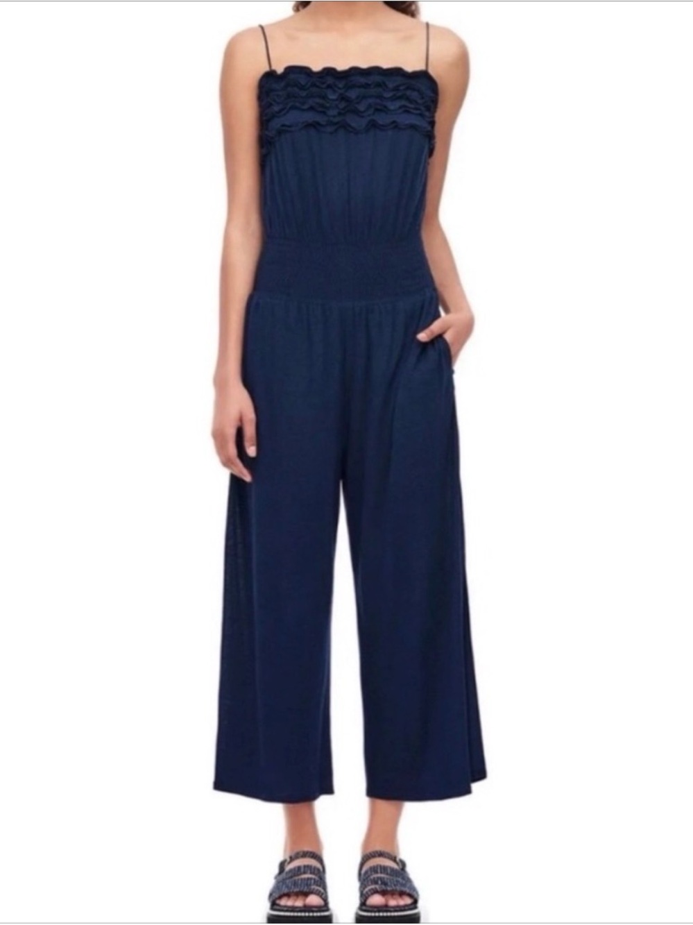 Rebecca Taylor Navy Ruffle Smocked Wide Leg Jumpsuit NWT S
